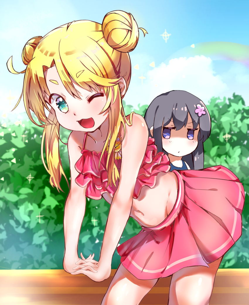 2girls :3 absurdres anyoi bikini bikini_skirt black_hair blonde_hair blue_eyes bush clouds double_bun frilled_bikini frills hair_bun hands_together highres himesaka_noa leaning_forward long_hair multiple_girls navel one_eye_closed open_mouth outdoors pink_bikini pink_swimsuit shaded_face shirosaki_hana sky smile swimsuit watashi_ni_tenshi_ga_maiorita!