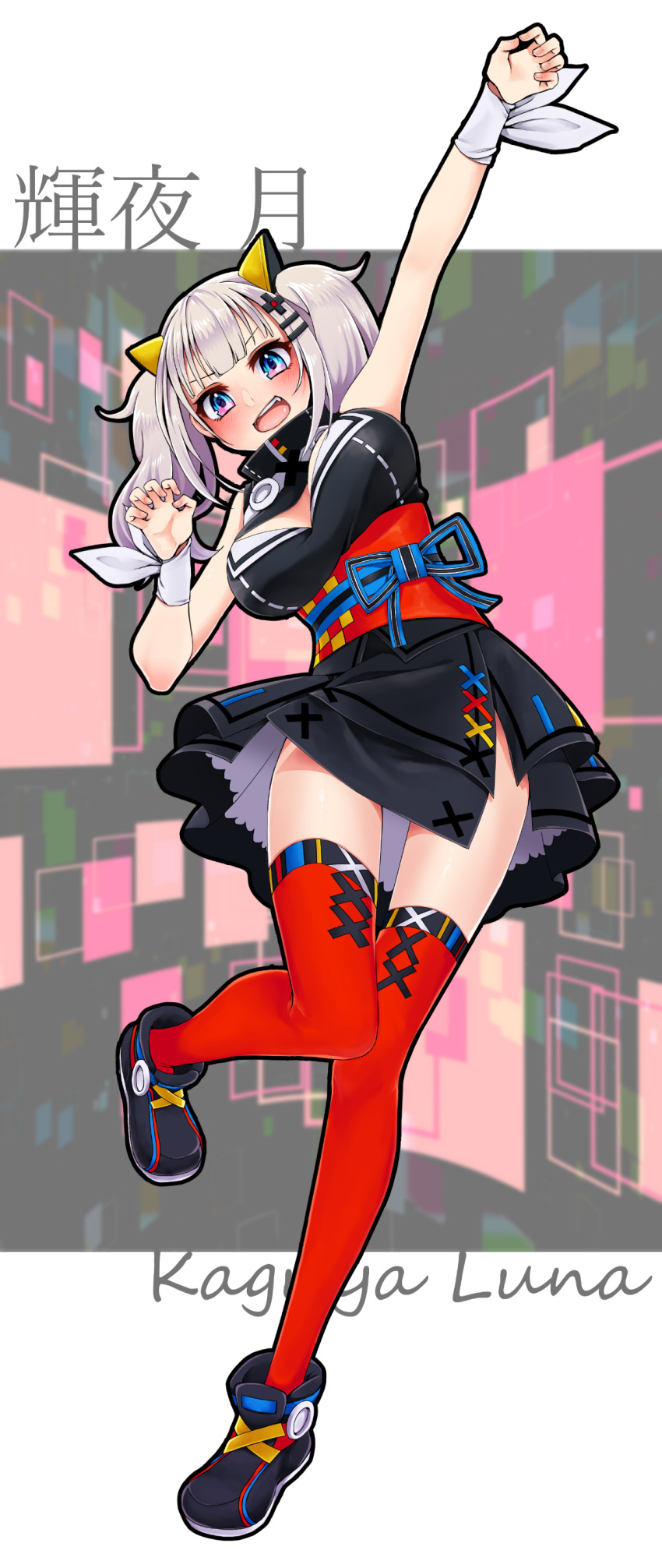 1girl :d absurdres arm_up bangs black_dress black_footwear blue_eyes breasts character_name cleavage_cutout d-pad d-pad_hair_ornament dress fang full_body hair_ornament hairclip highres kaguya_luna knees_together_feet_apart large_breasts leg_up looking_at_viewer medium_hair minazukio9 open_mouth red_legwear ribbon short_dress silver_hair sleeveless sleeveless_dress smile solo standing standing_on_one_leg teeth the_moon_studio thigh-highs twintails v-shaped_eyebrows virtual_youtuber white_ribbon wrist_ribbon wristband