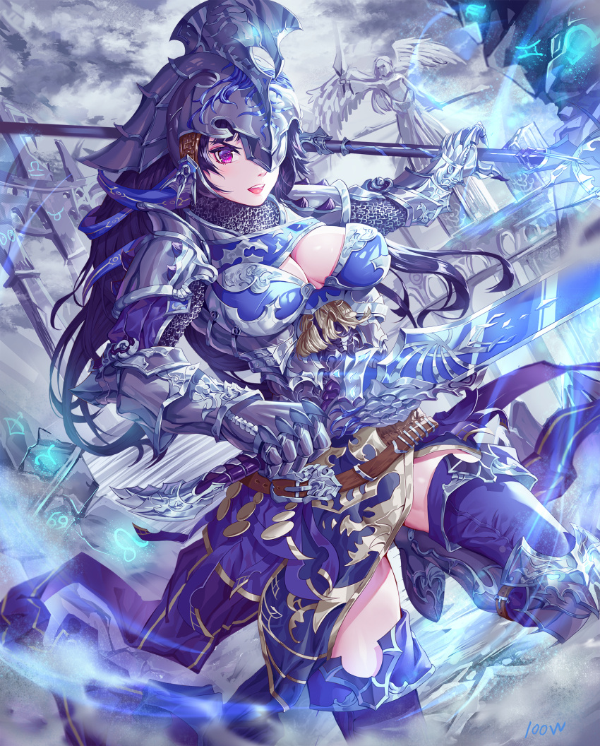 1girl angel_statue armor armored_boots blue_legwear boots breasts cleavage commentary_request cutout full_armor gauntlets hair_ornament headpiece helmet highres holding holding_spear holding_sword holding_weapon large_breasts long_hair looking_at_viewer metal number original polearm purple_hair signature solo spear statue sword thigh-highs upper_teeth violet_eyes wangxiii weapon