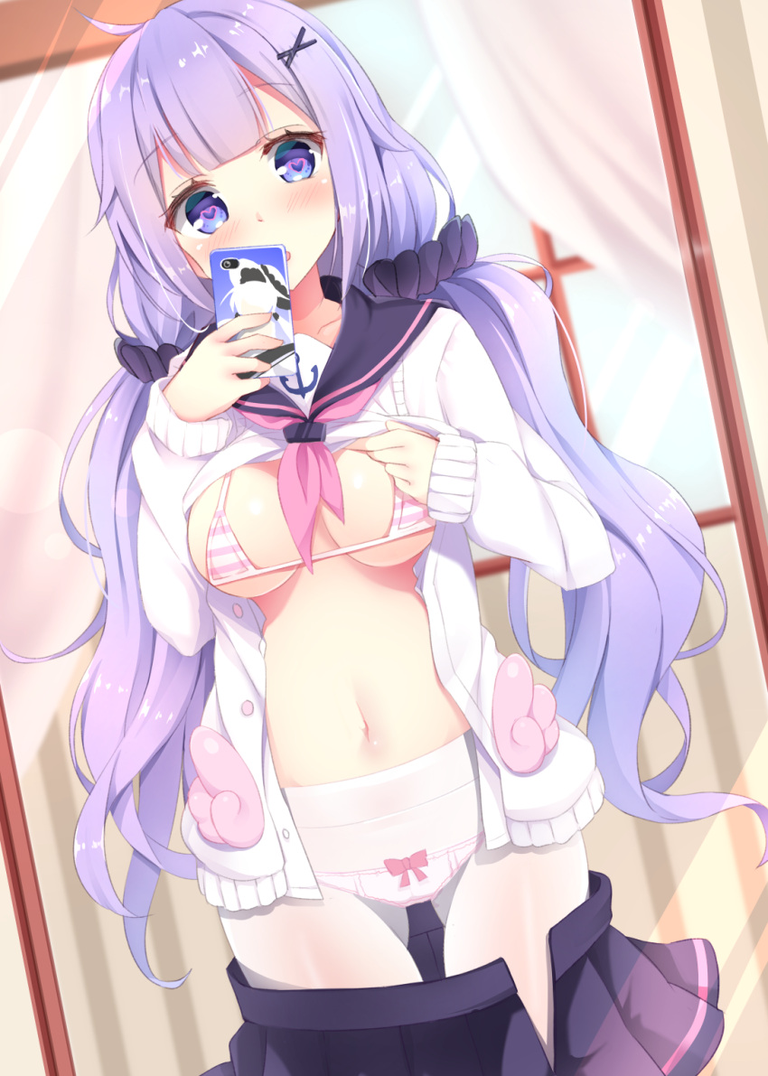 1girl ahoge azur_lane bangs bikini_top blush bow bow_panties breasts cardigan cellphone cleavage collarbone eyebrows_visible_through_hair hair_ornament hair_scrunchie hairclip heart heart-shaped_pupils highres holding holding_phone indoors karaage3 large_breasts lifted_by_self long_hair long_sleeves mirror navel open_cardigan open_clothes panties panties_under_pantyhose pantyhose phone pleated_skirt purple_hair purple_skirt reflection sailor_collar school_uniform scrunchie self_shot serafuku shirt shirt_lift skirt skirt_pull smartphone solo standing stomach striped_bikini_top symbol-shaped_pupils twintails underwear unicorn_(azur_lane) very_long_hair violet_eyes white_cardigan white_legwear white_shirt