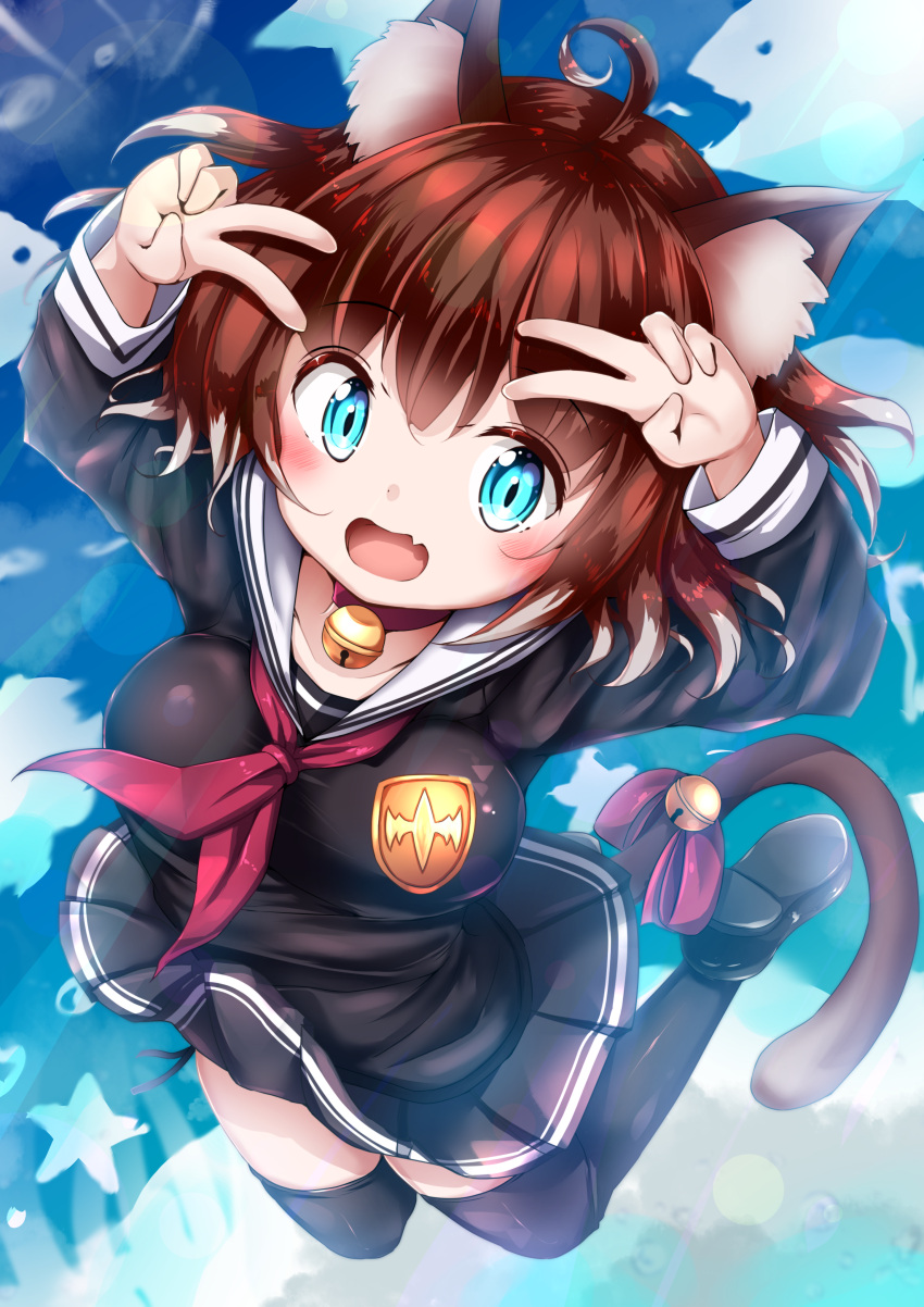 1girl absurdres ahoge animal_ear_fluff animal_ears arms_up bangs bell bell_choker black_footwear black_legwear black_serafuku black_shirt black_skirt blue_eyes blue_sky bow breasts brown_hair cat_ears cat_girl cat_tail choker clouds commentary_request day double_v eyebrows_visible_through_hair fang hair_between_eyes highres jingle_bell long_sleeves looking_at_viewer medium_breasts midair mochiyuki moe2019 neckerchief open_mouth original outdoors pleated_skirt red_bow red_choker red_neckwear sailor_collar school_uniform serafuku shirt shoe_soles shoes skirt sky solo tail tail_bell tail_bow thigh-highs v white_sailor_collar