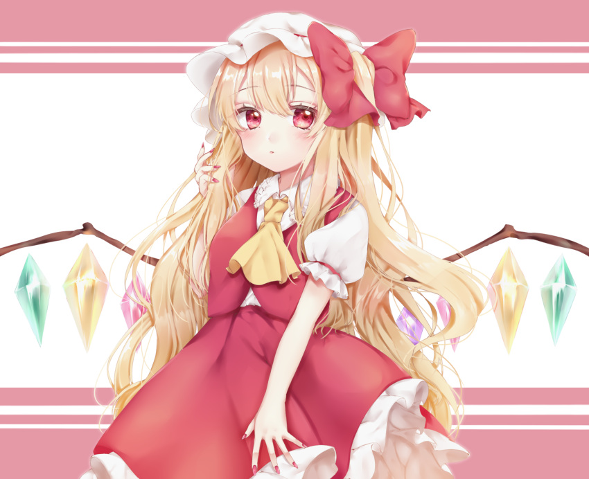 1girl alternate_hair_length alternate_hairstyle ascot bangs blonde_hair blush bow closed_mouth collared_shirt commentary_request cowboy_shot crystal eyebrows_visible_through_hair flandre_scarlet frilled_skirt frilled_sleeves frills hair_bow hand_in_hair hat highres kuramira long_hair looking_at_viewer medium_skirt mob_cap nail_polish one_side_up puffy_short_sleeves puffy_sleeves purple_background red_bow red_eyes red_nails red_skirt red_vest shirt short_sleeves skirt solo touhou two-tone_background very_long_hair vest white_background white_hat white_shirt wings yellow_neckwear