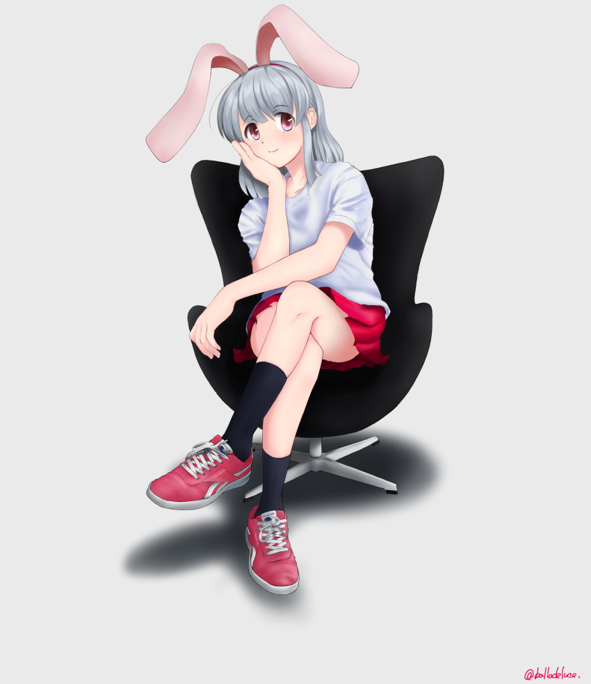 1girl animal_ears bad_hands balladeluce black_legwear blue chair fake_animal_ears full_body grey_background highres legs_crossed looking_at_viewer original pink_eyes red_footwear red_skirt reebok shadow shirt shoes silver_hair simple_background sitting skirt smile sneakers socks solo swivel_chair t-shirt twitter_username white_shirt