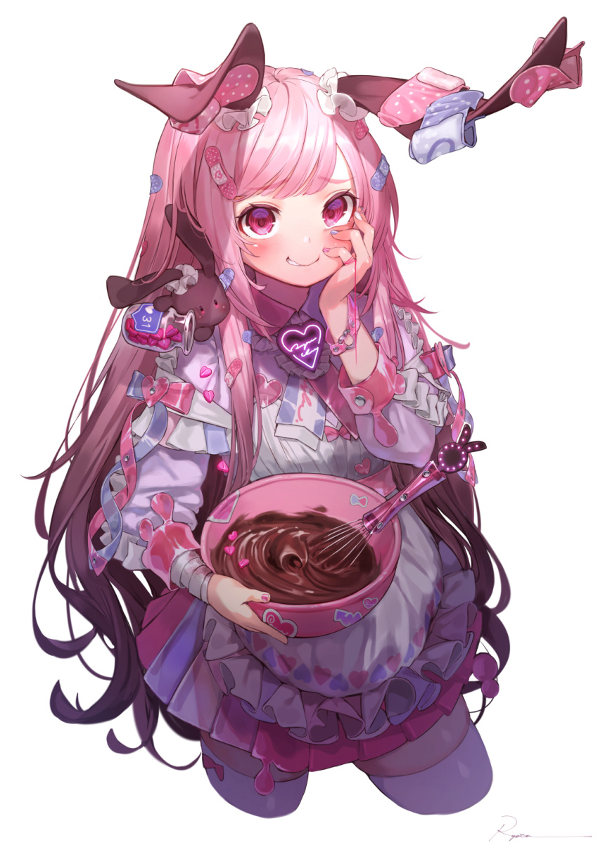 1girl animal animal_ears apron bandaid blue_nails bowl chocolate cropped_legs frilled_apron frills hand_on_own_cheek hand_up highres holding holding_bowl holding_jar long_hair long_sleeves looking_at_viewer multicolored multicolored_nails nail_polish original parted_lips pink_eyes pink_hair pink_nails rabbit rabbit_ears ryota_(ry_o_ta) sidelocks simple_background smile solo thigh-highs very_long_hair whisk white_apron white_background white_legwear white_nails zettai_ryouiki