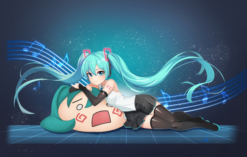 1girl absurdres aqua_eyes aqua_hair black_footwear boots detached_sleeves floating_hair full_body hatsune_miku headphones highres hpb8642 long_hair looking_at_viewer lying musical_note number_tattoo on_side skirt smile solo tattoo thigh-highs thigh_boots twintails very_long_hair vocaloid