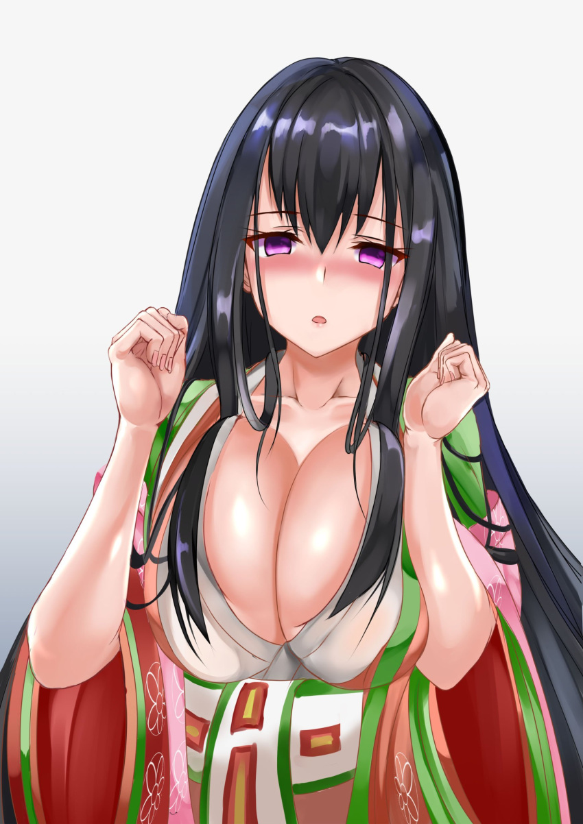 1girl absurdres breasts brown_hair cleavage dress fate/grand_order fate_(series) highres japanese_clothes kimono large_breasts long_hair long_sleeves looking_at_viewer murasaki_shikibu_(fate) solo uchida_shou very_long_hair violet_eyes