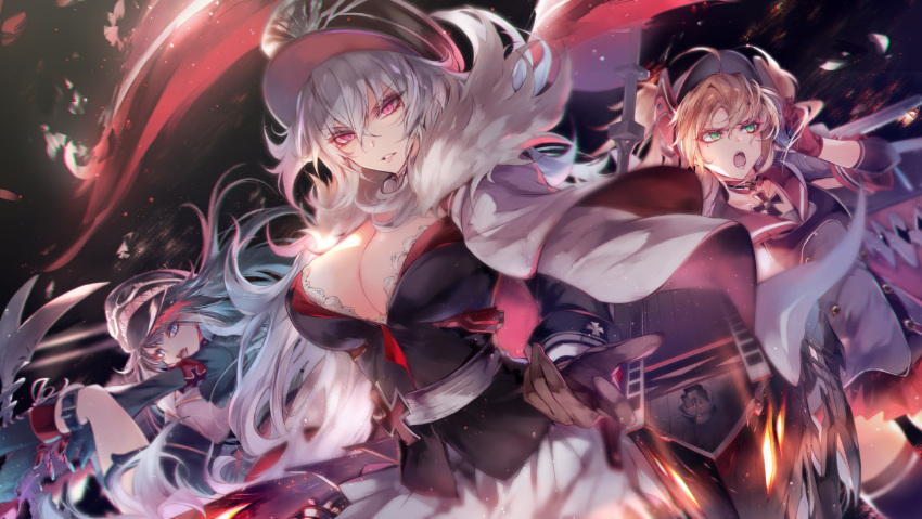 admiral_hipper_(azur_lane) armband armpit_cutout azur_lane bangs black_hair blonde_hair blue_eyes breasts cannon choker cleavage commentary_request deutschland_(azur_lane) eyebrows_visible_through_hair fangs floating_hair fur_trim graf_zeppelin_(azur_lane) green_eyes hair_between_eyes hat headgear highres iron_cross jacket kanaria_(fuusenkazura) large_breasts light_particles long_hair machinery multicolored_hair multiple_girls open_mouth red_eyes redhead rigging sidelocks silver_hair streaked_hair uniform very_long_hair wind wind_lift