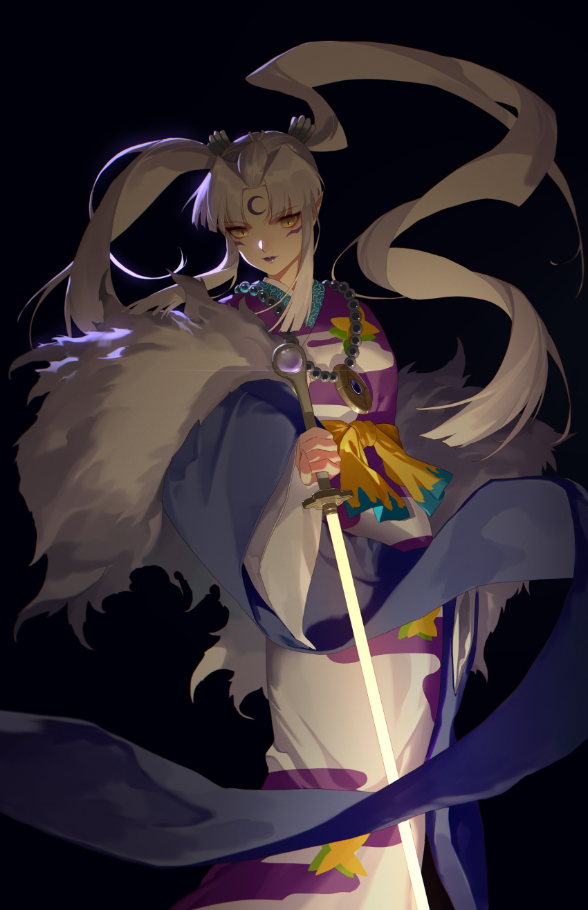 1girl absurdres bangs black_background daye_bie_qia_lian eyebrows_visible_through_hair facial_mark forehead_mark genderswap genderswap_(mtf) highres holding holding_sword holding_weapon inuyasha japanese_clothes jewelry kimono long_hair male_focus necklace pointy_ears purple_lips sesshoumaru silver_hair solo standing sword twintails weapon yellow_eyes