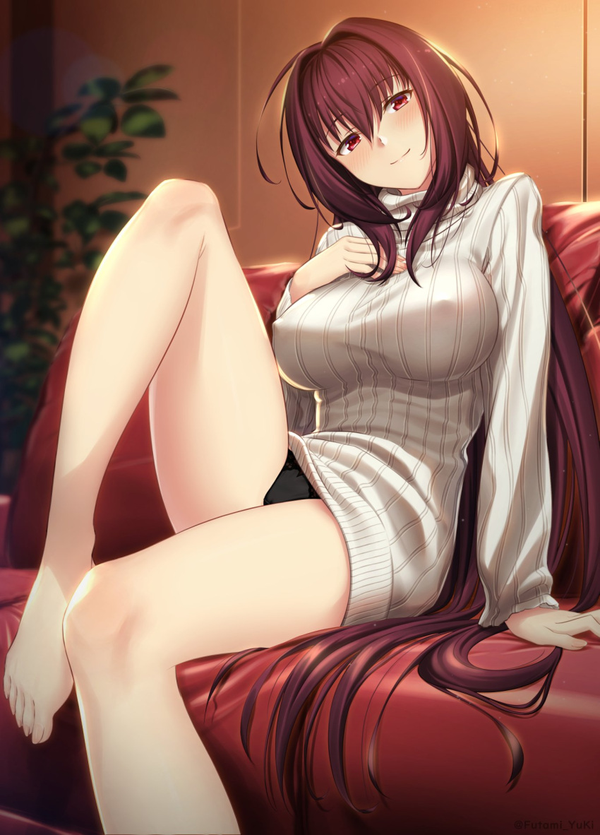 1girl arm_support bangs bare_legs barefoot black_panties blurry blurry_background blush breasts closed_mouth couch erect_nipples eyebrows_visible_through_hair fate/grand_order fate_(series) futami_(mg42fw190d) hair_between_eyes hand_on_own_chest head_tilt highres indoors knee_up large_breasts long_hair looking_at_viewer panties purple_hair red_eyes ribbed_sweater scathach_(fate)_(all) scathach_(fate/grand_order) sidelocks sitting smile solo sweater turtleneck turtleneck_sweater underwear very_long_hair white_sweater