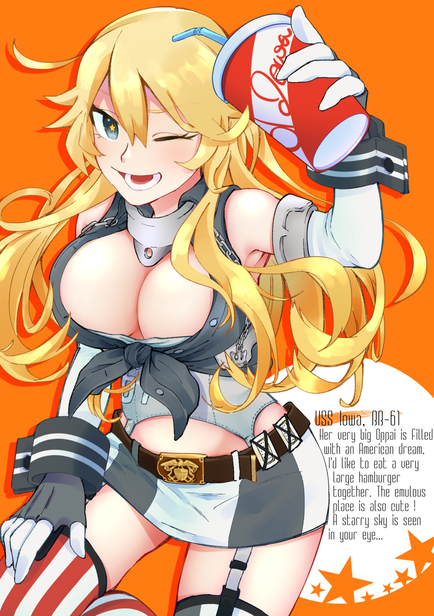 1girl absurdres belt_buckle blonde_hair blue_eyes breasts buckle commentary_request cowboy_shot cup disposable_cup elbow_gloves english_text fingerless_gloves front-tie_top garter_straps gloves hair_between_eyes highres iowa_(kantai_collection) kaisenniku_udon kantai_collection large_breasts miniskirt mismatched_legwear open_mouth orange_background skirt smile solo star star-shaped_pupils striped striped_legwear symbol-shaped_pupils teeth thigh-highs tumbler vertical-striped_legwear vertical_stripes