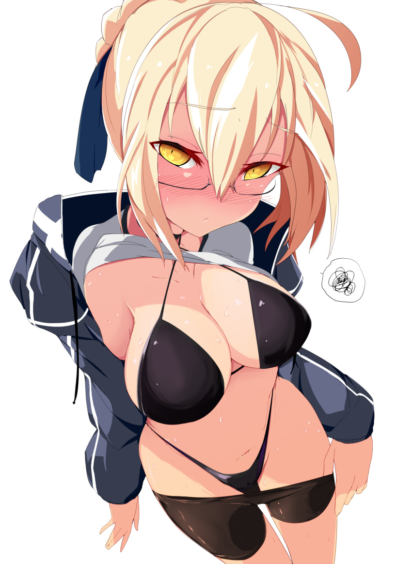 1girl ahoge artoria_pendragon_(all) bike_shorts bikini black-framed_eyewear black_bikini black_shorts braid breasts collarbone eyebrows_visible_through_hair fate/grand_order fate_(series) french_braid glasses hair_bun highres jacket kawa_mura medium_breasts mysterious_heroine_x_(alter) navel open_clothes open_jacket semi-rimless_eyewear shirt_lift shorts shorts_pull simple_background solo sweat swimsuit under-rim_eyewear white_background yellow_eyes