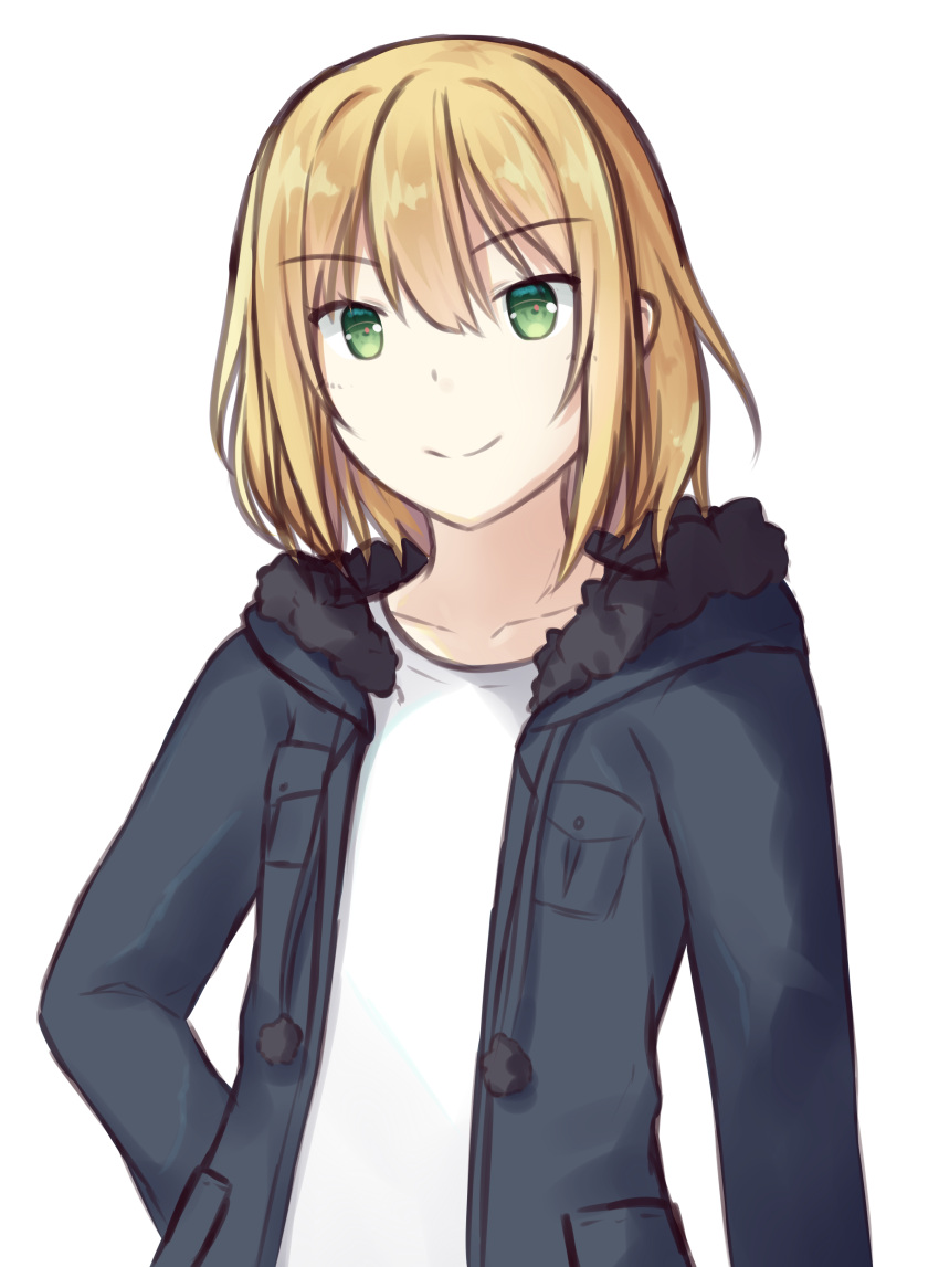 1girl androgynous avery_(sinamuna) blackwater blonde_hair bust dizzyworldd2 flat_chest green_eyes hand_on_hip jacket original reverse_trap short_hair small_breasts smirk