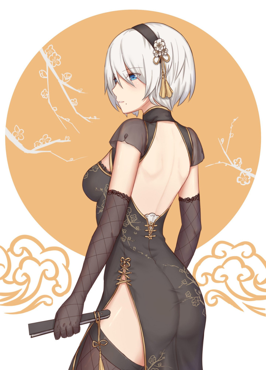 1girl backless_dress backless_outfit black_hairband black_legwear blue_eyes breasts china_dress chinese_clothes dress elbow_gloves eyebrows_visible_through_hair fan fishnet_legwear fishnets from_behind gloves hairband highres holding holding_fan lotu medium_breasts mole mole_under_mouth nier_(series) nier_automata no_blindfold petals short_hair thigh-highs white_hair yorha_no._2_type_b