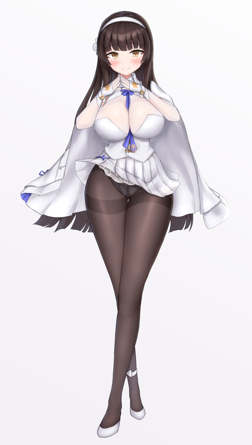 1girl absurdres ankle_ribbon ass_visible_through_thighs bangs between_breasts black_hair black_legwear blue_neckwear blunt_bangs blush breasts brown_eyes cape cleavage closed_mouth crossed_legs fingerless_gloves full_body girls_frontline gloves gusset hairband hands_up highres large_breasts legs_crossed long_hair looking_at_viewer nezumi7983 own_hands_together panties panties_under_pantyhose pantyhose pantyshot pantyshot_(standing) pleated_skirt qbz-95_(girls_frontline) ribbon shoes skirt skirt_lift smile solo standing straight_hair thigh_gap thighband_pantyhose underwear upskirt very_long_hair watson_cross white_cape white_footwear white_gloves white_hairband white_panties white_ribbon white_skirt