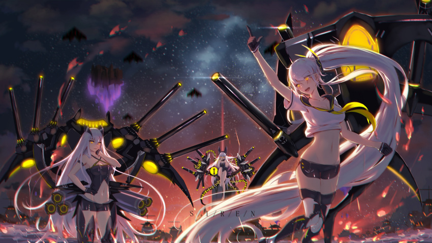 3girls 5555_96 arm_up azur_lane bangs bare_shoulders barefoot black_gloves black_sky boots breasts cannon character_request crop_top dress eyebrows_visible_through_hair gloves hair_between_eyes hand_on_hip highres long_hair looking_at_viewer multicolored multicolored_sky multiple_girls navel neckerchief night observer_alpha_(azur_lane) ocean open_mouth orange_sky pointing pointing_up rigging short_shorts shorts silver_hair siren_(azur_lane) siren_purifier_(azur_lane) sitting sky small_breasts smile star_(sky) starry_sky tester_beta_(azur_lane) thigh-highs thigh_boots thigh_strap turret very_long_hair yellow_eyes yellow_neckwear