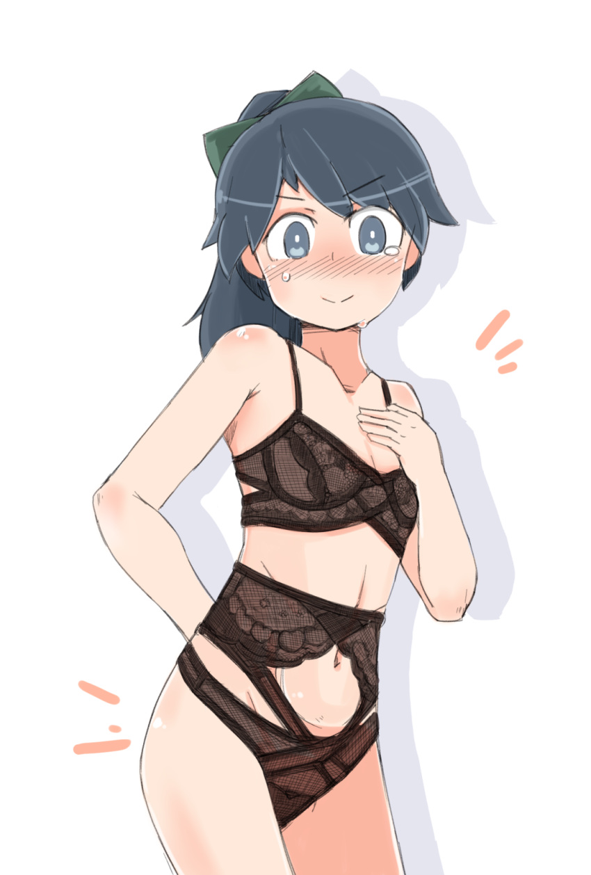 1girl arm_behind_back black_bra black_eyes black_hair black_panties blush bow bra cowboy_shot enjaku_izuku flat_chest hair_bow highres houshou_(kantai_collection) kantai_collection lingerie navel panties ponytail solo sweatdrop tears underwear