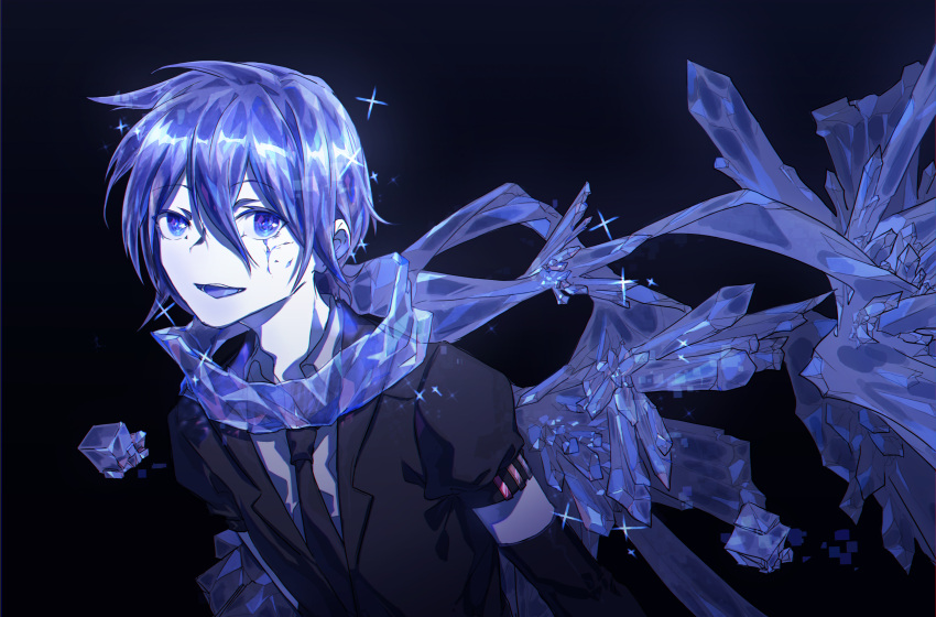 1boy absurdres black_background blue_eyes blue_hair commentary cracked_skin crystal detached_sleeves gem_uniform_(houseki_no_kuni) highres houseki_no_kuni kaito looking_at_viewer necktie parody puffy_short_sleeves puffy_sleeves scarf short_hair short_sleeves smile solo upper_body vocaloid ziling