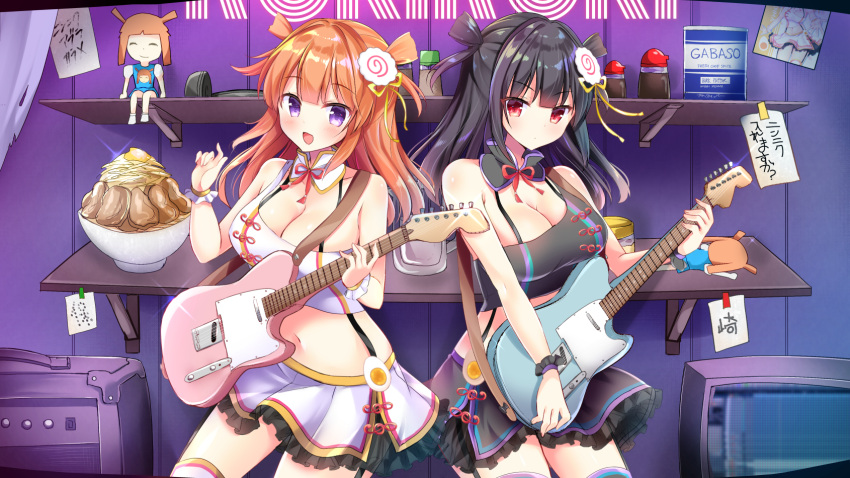 2girls :d bare_arms bare_shoulders black_hair black_shirt black_skirt blush breasts character_doll cleavage closed_mouth commentary_request copyright_request crop_top detached_collar electric_guitar frilled_skirt frills guitar hair_ornament hand_up highres holding holding_instrument indoors instrument large_breasts long_hair looking_at_viewer masayo_(gin_no_ame) midriff miniskirt multiple_girls navel open_mouth orange_hair original red_eyes shelf shirt sidelocks single_strap skirt sleeveless sleeveless_shirt smile standing stomach suspenders thigh-highs v-shaped_eyebrows violet_eyes virtual_youtuber white_legwear white_shirt white_skirt wrist_cuffs zettai_ryouiki