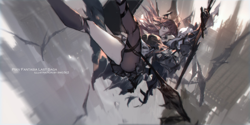 1girl airborne asymmetrical_legwear brown_eyes brown_hair chains dragon dual_wielding falling highres holding long_hair original pantyhose pixiv_fantasia_last_saga polearm spear swd3e2 torn_clothes tower weapon