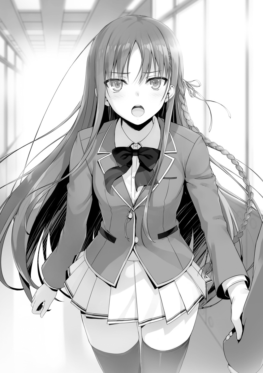 1girl :o blazer bow bowtie braid cowboy_shot dress_shirt eyebrows_visible_through_hair floating_hair greyscale hair_between_eyes hair_ribbon highres horikita_suzune indoors jacket long_hair long_sleeves looking_at_viewer miniskirt monochrome novel_illustration official_art open_mouth pleated_skirt ribbon school school_uniform shirt single_braid skirt sleeve_tug thigh-highs tomose_shunsaku very_long_hair youkoso_jitsuryoku_shijou_shugi_no_kyoushitsu_e zettai_ryouiki