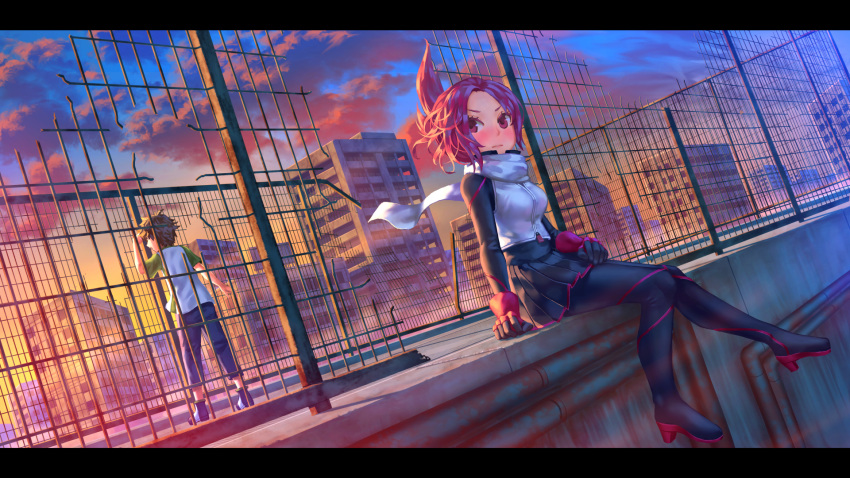 1boy 1girl blush breasts brown_hair building closed_mouth clouds commentary_request dutch_angle fence folded_ponytail gloves high_heels highres kemurikusa looking_at_viewer medium_breasts open_mouth outdoors pants pink_eyes pipes pleated_skirt redhead rin_(kemurikusa) ruins rust scarf shirt shoes short_hair short_sleeves sitting skirt sky standing sunrise v-shaped_eyebrows wakaba_(kemurikusa) wasabichan white_scarf