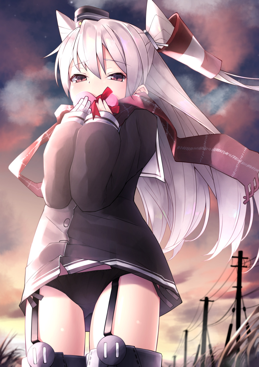 1girl absurdres amatsukaze_(kantai_collection) bangs black_dress black_panties blurry blurry_background box breath clouds cloudy_sky commentary_request covered_mouth depth_of_field dress eyebrows_visible_through_hair fringe_trim garter_straps gift gift_box gloves gluteal_fold hair_between_eyes hair_tubes hands_up hat heart-shaped_box highres holding holding_gift kantai_collection long_hair long_sleeves looking_at_viewer mini_hat outdoors panties power_lines puffy_long_sleeves puffy_sleeves red_eyes red_scarf scarf short_dress side-tie_panties silver_hair single_glove sky sleeves_past_wrists smokestack solo sunset telephone_pole thigh-highs two_side_up underwear valentine very_long_hair white_gloves windsock zetsuriinu_(kairyougata)