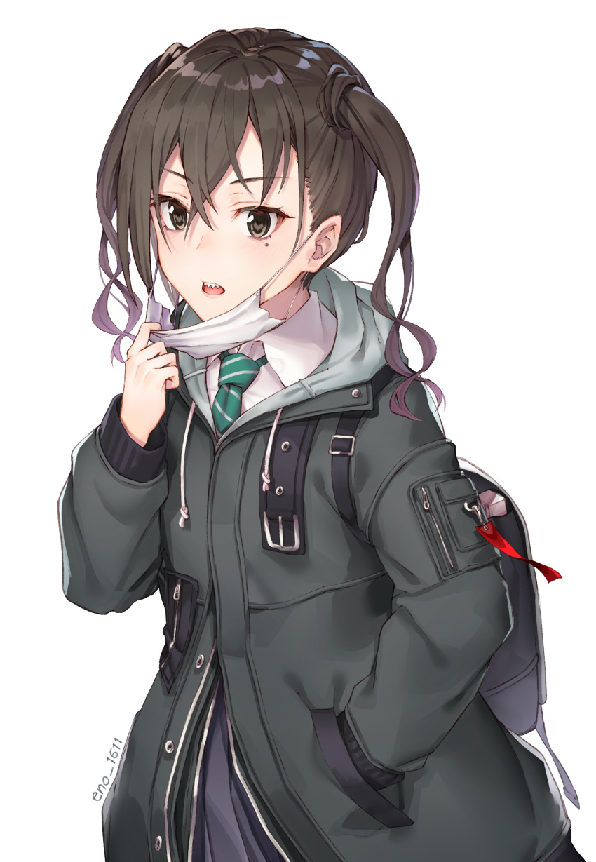 1girl backpack bag bangs black_cola black_jacket brown_eyes brown_hair collared_shirt commentary_request diagonal-striped_neckwear diagonal_stripes eyebrows_visible_through_hair green_neckwear grey_skirt hair_between_eyes hand_in_pocket hand_up highres idolmaster idolmaster_cinderella_girls jacket long_hair long_sleeves mask_pull mole mole_under_eye necktie parted_lips pleated_skirt pulled_by_self sharp_teeth shirt signature simple_background skirt sleeves_past_wrists solo striped striped_neckwear sunazuka_akira surgical_mask teeth twintails upper_body white_background white_shirt