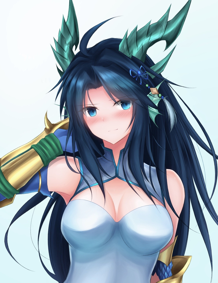 1girl arm_guards black_hair blue_eyes blush breasts chinese_clothes closed_mouth dragon_girl gauntlets hair_ornament highres horns karin_(p&amp;d) long_hair medium_breasts puzzle_&amp;_dragons simple_background smile solo yoh0cid
