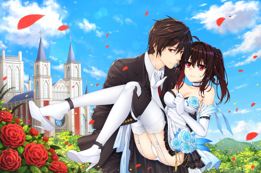 1boy 1girl bare_shoulders black_gloves blue_sky braid breasts bride brown_hair carrying church cleavage clouds collarbone commentary commission crown_braid day dress elbow_gloves english_commentary flower formal garter_straps gloves groom healther hetero high_heels highres looking_at_viewer medium_breasts original outdoors panties petals ponytail princess_carry red_eyes shoe_dangle sky smile strapless strapless_dress suit thigh-highs underwear wedding wedding_dress white_footwear white_gloves white_legwear white_panties