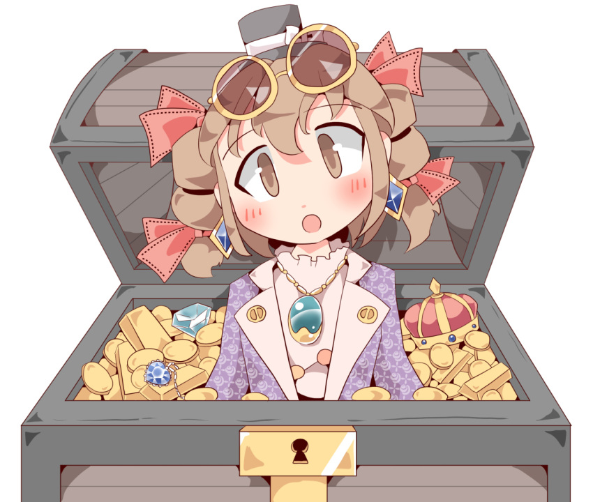 1girl brown_eyes brown_hair coin crown drill_hair earrings eyebrows_visible_through_hair eyewear_on_head gem gold_bar hair_ribbon hat jewelry keikou_ryuudou looking_at_viewer necklace purple_coat ribbon touhou treasure_chest white_background yorigami_jo'on