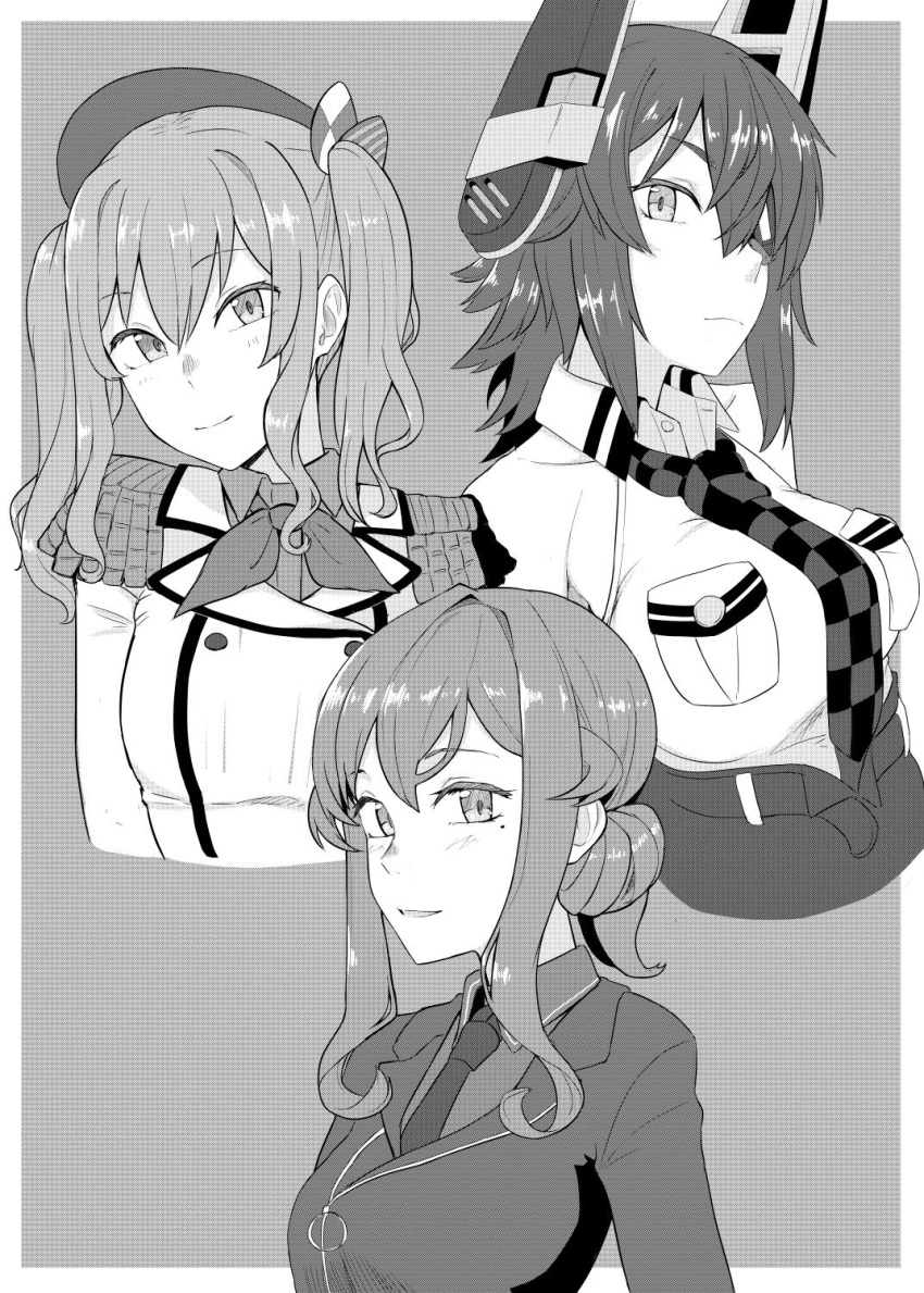 3girls beret breast_pocket buttons checkered checkered_neckwear collared_shirt commentary_request cropped_torso epaulettes eyepatch gotland_(kantai_collection) greyscale hair_bun hat headgear highres jacket kantai_collection kashima_(kantai_collection) long_hair long_sleeves military military_jacket military_uniform mole mole_under_eye monochrome multiple_girls neckerchief necktie pocket remodel_(kantai_collection) shirt short_hair sidelocks sleeveless tenryuu_(kantai_collection) tsurime tsurugi_muda twintails uniform upper_body wavy_hair white_jacket