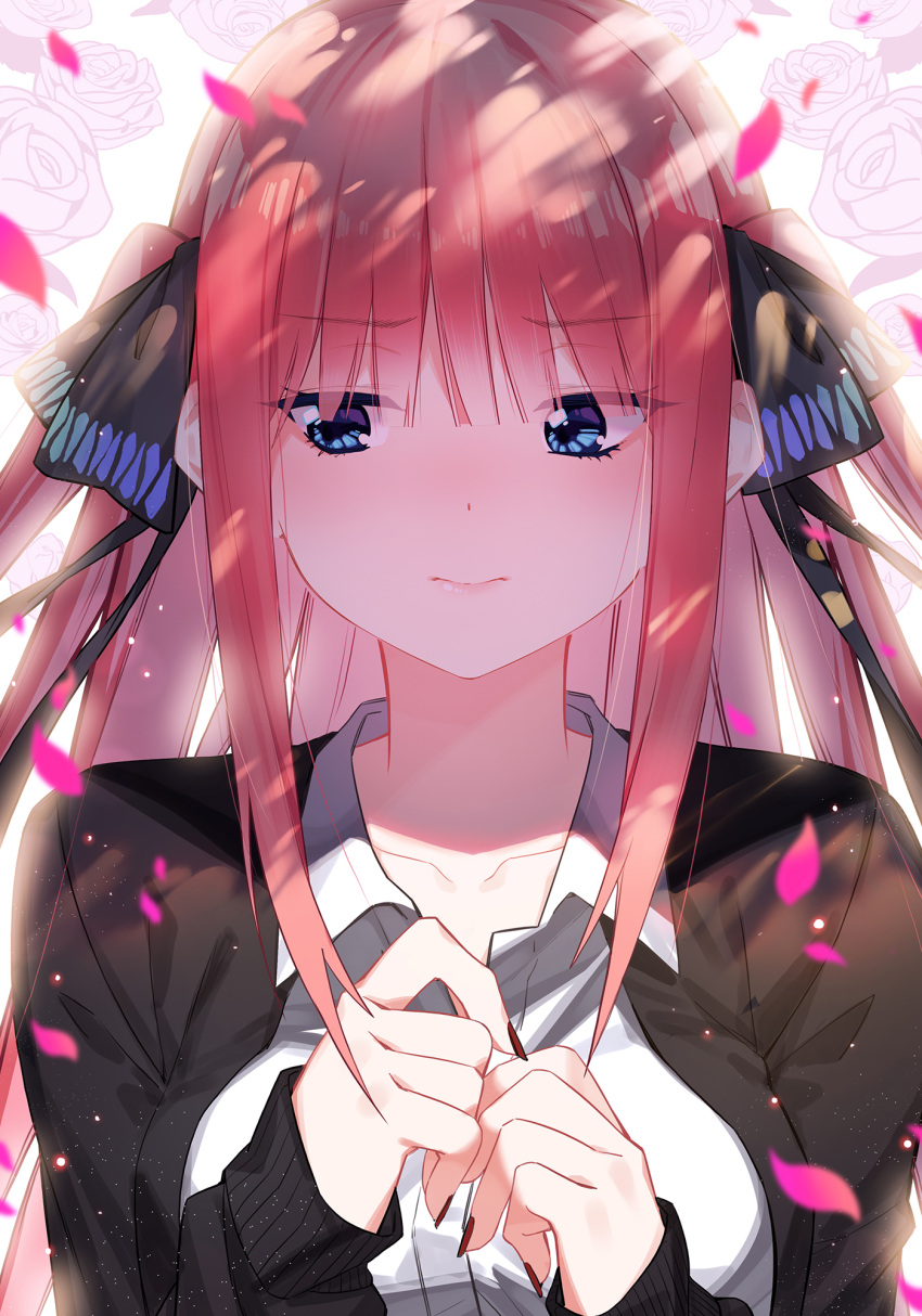 1girl bangs black_cardigan blue_eyes blunt_bangs breasts closed_mouth collared_shirt dress_shirt eyebrows_visible_through_hair flower go-toubun_no_hanayome hair_ornament hair_ribbon highres long_hair long_sleeves looking_to_the_side nail_polish nakano_nino petals pink_hair red_nails ribbon shirt solo white_shirt zhanzheng_zi