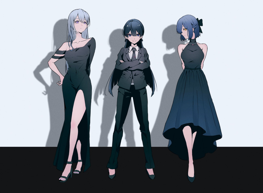 3girls alternate_hairstyle black_bow black_dress black_footwear black_hair black_neckwear black_pants bow breasts collarbone collared_shirt crossed_arms dress formal hair_bow head_tilt high_heels highres higuchi_kaede in_(in_0907) long_hair looking_at_viewer looking_down medium_breasts multiple_girls necktie nijisanji off-shoulder_dress off_shoulder pants shadow shirt shizuka_rin short_hair silver_hair smile suit toes tsukino_mito violet_eyes virtual_youtuber white_shirt yellow_eyes