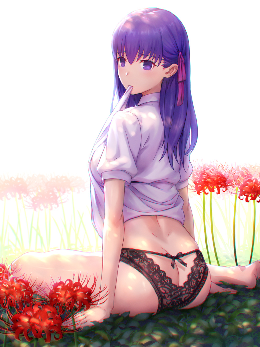 1girl arm_support ass bangs black_panties blush butt_crack cherry_blossoms closed_mouth commentary_request empty_eyes eyebrows_visible_through_hair fate/stay_night fate_(series) flower hair_between_eyes hair_ribbon heaven's_feel highres long_hair looking_at_viewer looking_back matou_sakura no_pants panties puffy_short_sleeves puffy_sleeves purple_hair purple_ribbon red_flower ribbon shirt shirt_in_mouth short_sleeves shouhei sitting solo underwear violet_eyes white_background white_shirt