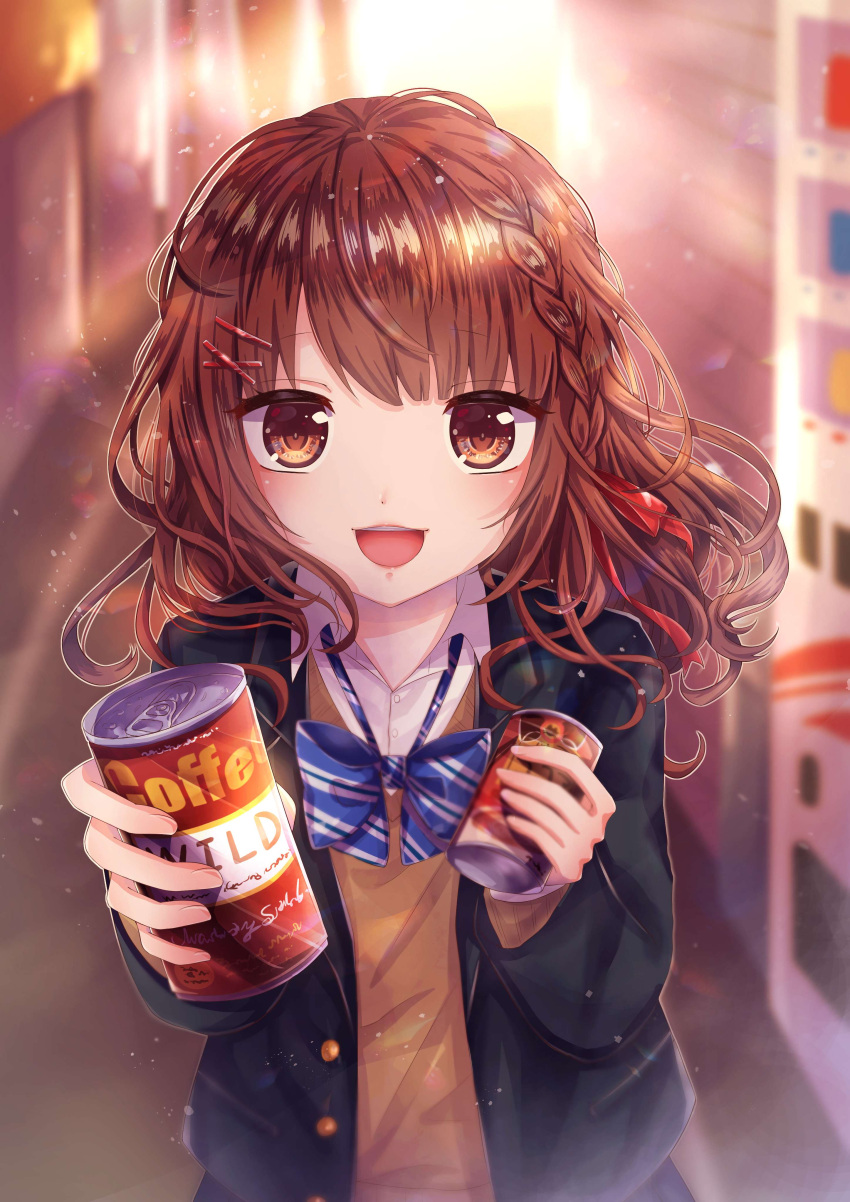 1girl :d absurdres black_jacket blazer blue_bow blurry blurry_background bow braid brown_eyes brown_hair can canned_coffee coffee hair_ornament hair_ribbon hairclip hand_up highres holding holding_can jacket long_hair looking_at_viewer moe2019 open_mouth original raki1102mi red_ribbon ribbon school_uniform smile solo standing striped striped_bow upper_body
