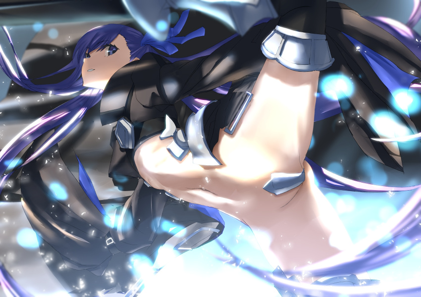 1girl ass bangs crotch_plate eyebrows_visible_through_hair fate/extra fate/extra_ccc fate_(series) greaves grin groin hair_ribbon highres long_hair meltlilith navel purple_hair ribbon sleeves_past_wrists smile solo spread_legs tsuuhan violet_eyes