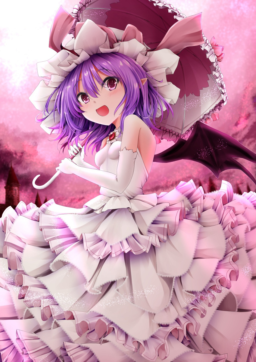 1girl :d alternate_costume backless_dress backless_outfit bare_shoulders bat_wings blush breasts brooch clouds commentary cowboy_shot dress dutch_angle elbow_gloves frilled_dress frills from_side gloves hair_between_eyes halter_dress hat hat_ribbon head_tilt highres holding holding_umbrella jewelry kitora_(kisekinonameko) light_particles looking_at_viewer mob_cap open_mouth outdoors pink_eyes pink_sky pointy_ears purple_hair red_eyes remilia_scarlet ribbon ruby_(gemstone) scarlet_devil_mansion short_hair small_breasts smile solo standing thick_eyebrows touhou umbrella white_dress white_gloves wings