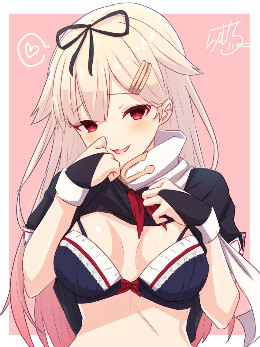 1girl bangs black_ribbon blonde_hair blush bow bow_bra bra breasts commentary_request eyebrows_visible_through_hair fingerless_gloves gloves gradient_hair hair_between_eyes hair_flaps hair_ornament hair_ribbon hairclip highres holding kantai_collection long_hair looking_at_viewer multicolored_hair neckerchief open_mouth ramchi red_eyes ribbon school_uniform serafuku shirt_lift simple_background smile solo underwear uniform yuudachi_(kantai_collection)