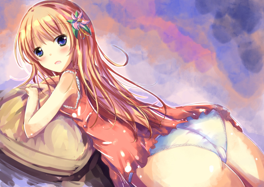1girl ass bangs bare_arms bare_shoulders blonde_hair blue_eyes blush commentary_request dress eyebrows_visible_through_hair flower hair_flower hair_ornament long_hair looking_at_viewer looking_to_the_side lying on_stomach open_mouth original panties pillow red_dress red_flower shihou_haru sleeveless sleeveless_dress solo underwear very_long_hair white_panties