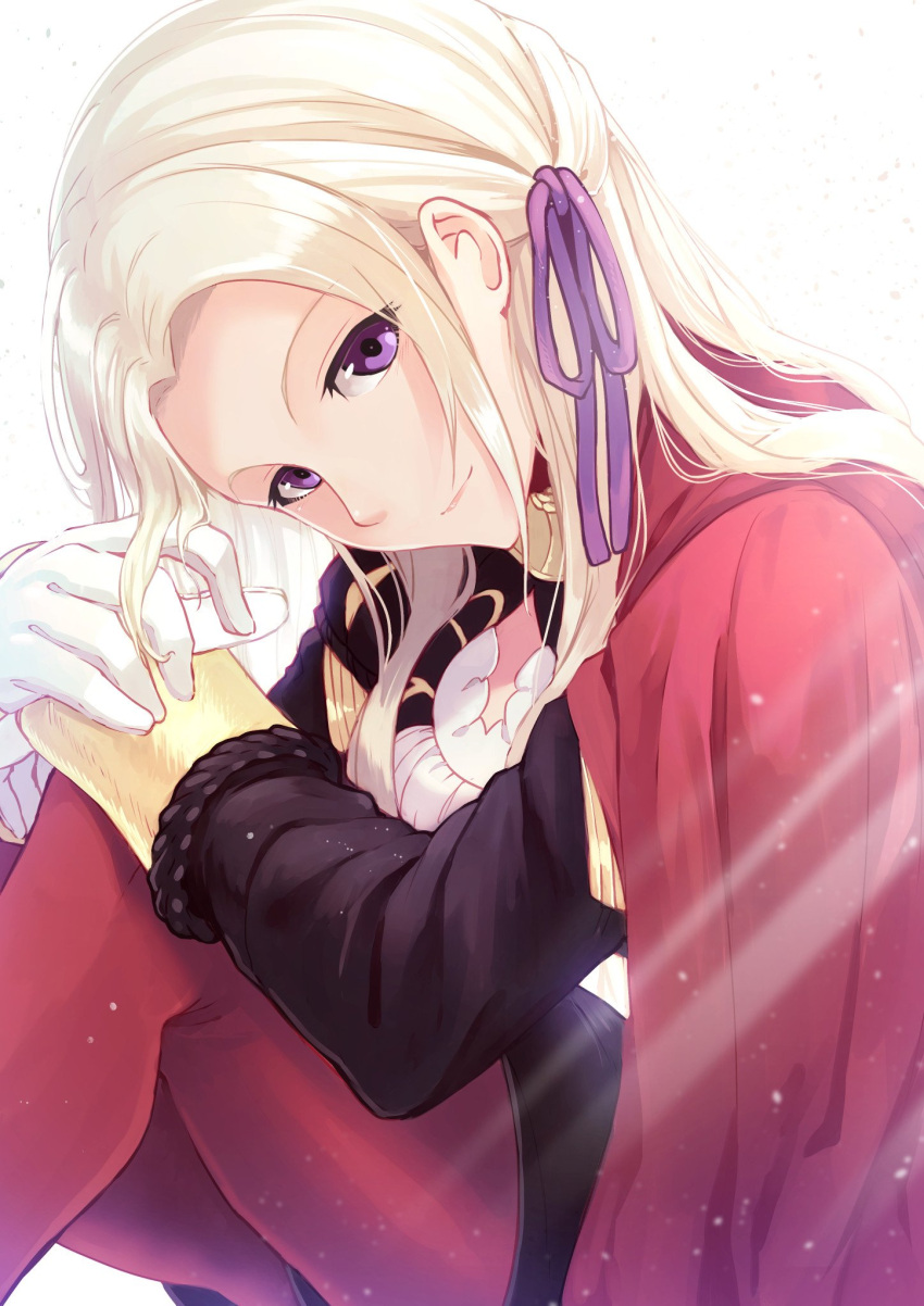 1girl blonde_hair blue_eyes cape cravat edelgard_von_hresvelgr_(fire_emblem) fire_emblem fire_emblem:_three_houses gloves hair_ornament hair_ribbon highres long_hair looking_at_viewer nakabayashi_zun nintendo pantyhose red_cape ribbon simple_background smile solo uniform white_background