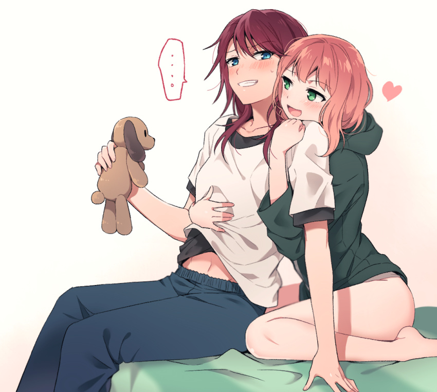 ... 2girls :d bang_dream! bangs bare_legs barefoot bed black_shirt blue_eyes blue_pants blush bottomless collarbone green_eyes green_hoodie grin heart holding holding_stuffed_animal hood hood_down hug hug_from_behind layered_clothing lifted_by_another long_hair long_sleeves looking_at_another multiple_girls navel on_bed open_mouth pants pink_hair re_ghotion redhead shirt shirt_lift sitting sitting_on_bed smile spoken_ellipsis stuffed_animal stuffed_dog stuffed_toy sweatdrop udagawa_tomoe uehara_himari white_shirt yuri