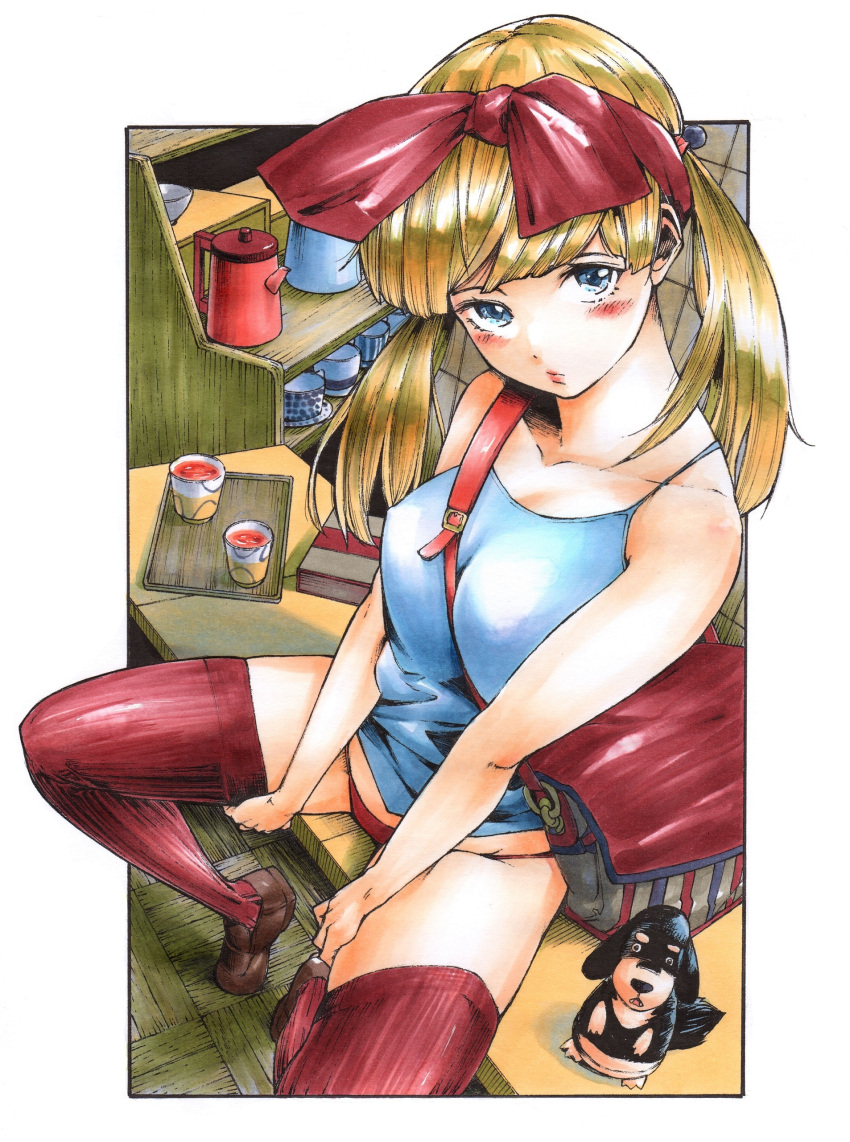 1girl absurdres bag bare_shoulders between_breasts blonde_hair blue_eyes blue_shirt blush book breasts brown_footwear closed_mouth commentary_request cup gagaimo hair_ribbon highres loafers long_hair looking_at_viewer marker_(medium) medium_breasts messenger_bag original panties red_legwear red_panties ribbon shiny shiny_hair shirt shoes shoulder_bag sitting solo strap_cleavage teacup thighs traditional_media tray underwear
