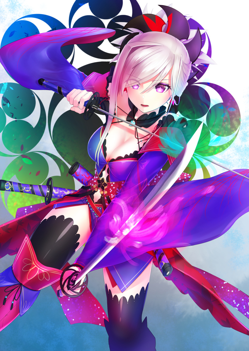 1girl absurdres asymmetrical_hair black_legwear blue_kimono blue_sleeves breasts celeryma choker cleavage detached_sleeves dual_wielding earrings eyes_visible_through_hair fate/grand_order fate_(series) hair_between_eyes hair_ornament hair_over_one_eye highres holding holding_sword holding_weapon japanese_clothes jewelry katana kimono leg_up long_hair long_sleeves looking_at_viewer magatama_necklace medium_breasts miyamoto_musashi_(fate/grand_order) navel_cutout open_mouth short_kimono silver_hair sleeveless sleeveless_kimono solo sword thigh-highs tied_hair violet_eyes weapon wide_sleeves zettai_ryouiki