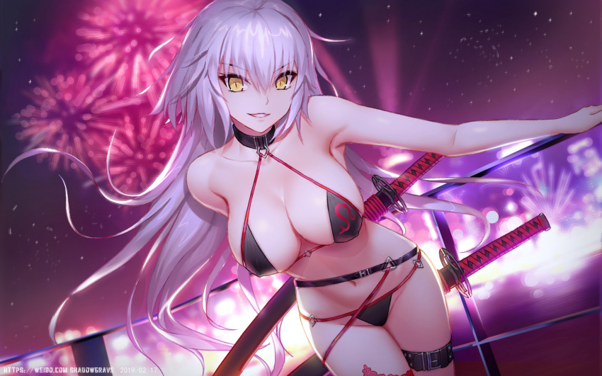 absurdres ahoge bikini black_bikini black_choker black_gloves choker cropped_jacket fate/grand_order fate_(series) fireworks gloves highres jacket jeanne_d'arc_(alter)_(fate) jeanne_d'arc_(alter_swimsuit_berserker) jeanne_d'arc_(fate)_(all) katana o-ring o-ring_bikini o-ring_bottom o-ring_top outdoors red_legwear shadowgrave single_thighhigh swimsuit sword thigh-highs thigh_strap weapon yellow_eyes