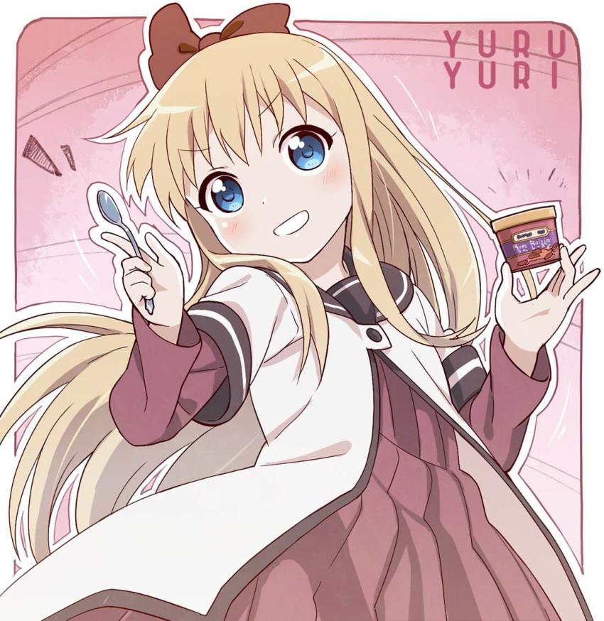 1girl blonde_hair blue_eyes copyright_name eyebrows_visible_through_hair food haagen-dazs holding holding_food holding_spoon ice_cream looking_at_viewer nanamori_school_uniform rum_raisin sakino_shingetsu school_uniform serafuku solo spoon toshinou_kyouko upper_body yuru_yuri