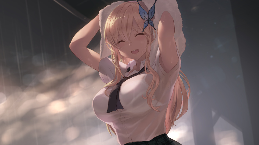 1girl :d ^_^ blonde_hair blue_eyes blush boku_wa_tomodachi_ga_sukunai breasts bug butterfly butterfly_hair_ornament cait cleavage closed_eyes closed_eyes commentary facing_viewer hair_ornament highres insect kashiwazaki_sena large_breasts long_hair open_mouth rain school_uniform smile solo wet