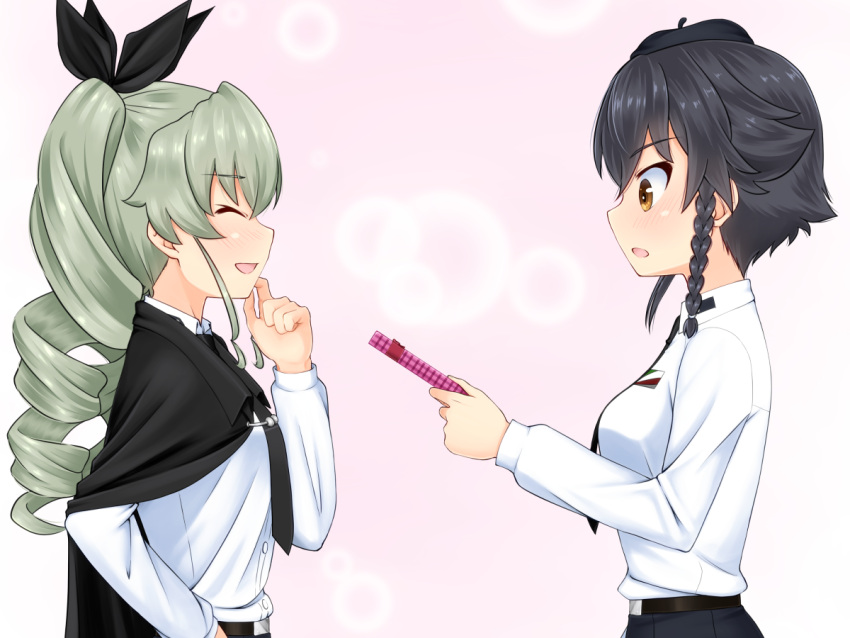 2girls anchovy anzio_school_uniform black_hair blush braid breasts cape closed_eyes drill_hair eyebrows eyebrows_visible_through_hair gift girls_und_panzer green_hair hair_ornament hair_ribbon hat large_breasts multiple_girls open_mouth pepperoni_(girls_und_panzer) pink_background ribbon ruka_(piyopiyopu) school_uniform shiny shiny_hair shiny_skin simple_background smile twin_drills twintails valentine yellow_eyes yuri