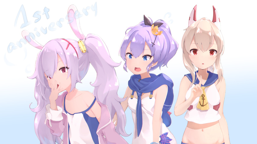 animal_ears ayanami_(azur_lane) azur_lane black_ribbon blue_sailor_collar camisole crop_top crown eyebrows_visible_through_hair fake_animal_ears hair_between_eyes hair_ornament hairband high_ponytail highres javelin_(azur_lane) laffey_(azur_lane) light_brown_hair mini_crown navel note_(suzu_note000) off_shoulder ponytail purple_hair rabbit_ears red_hairband ribbon sailor_collar shirt silver_hair sleeveless sleeveless_shirt twintails white_camisole yellow_neckwear