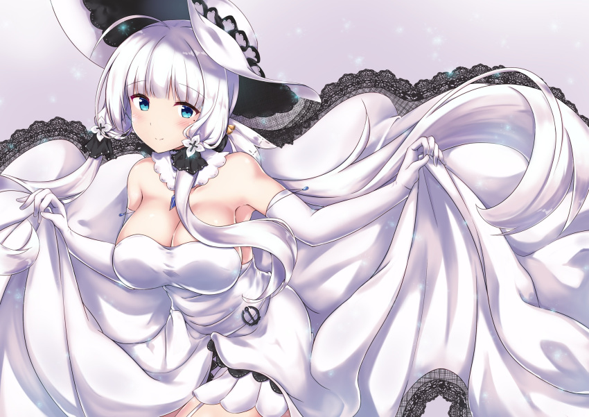 1girl ahoge anchor azur_lane bare_shoulders breasts cleavage commentary_request dress dress_lift elbow_gloves eyebrows_visible_through_hair floating_hair garter_straps gloves hair_ribbon hat highres illustrious_(azur_lane) large_breasts leaning_forward lifted_by_self low_twintails mamizu mole mole_under_eye ribbon sidelocks solo strapless strapless_dress sun_hat thighs tress_ribbon tri_tails twintails white_dress white_gloves white_hair white_hat