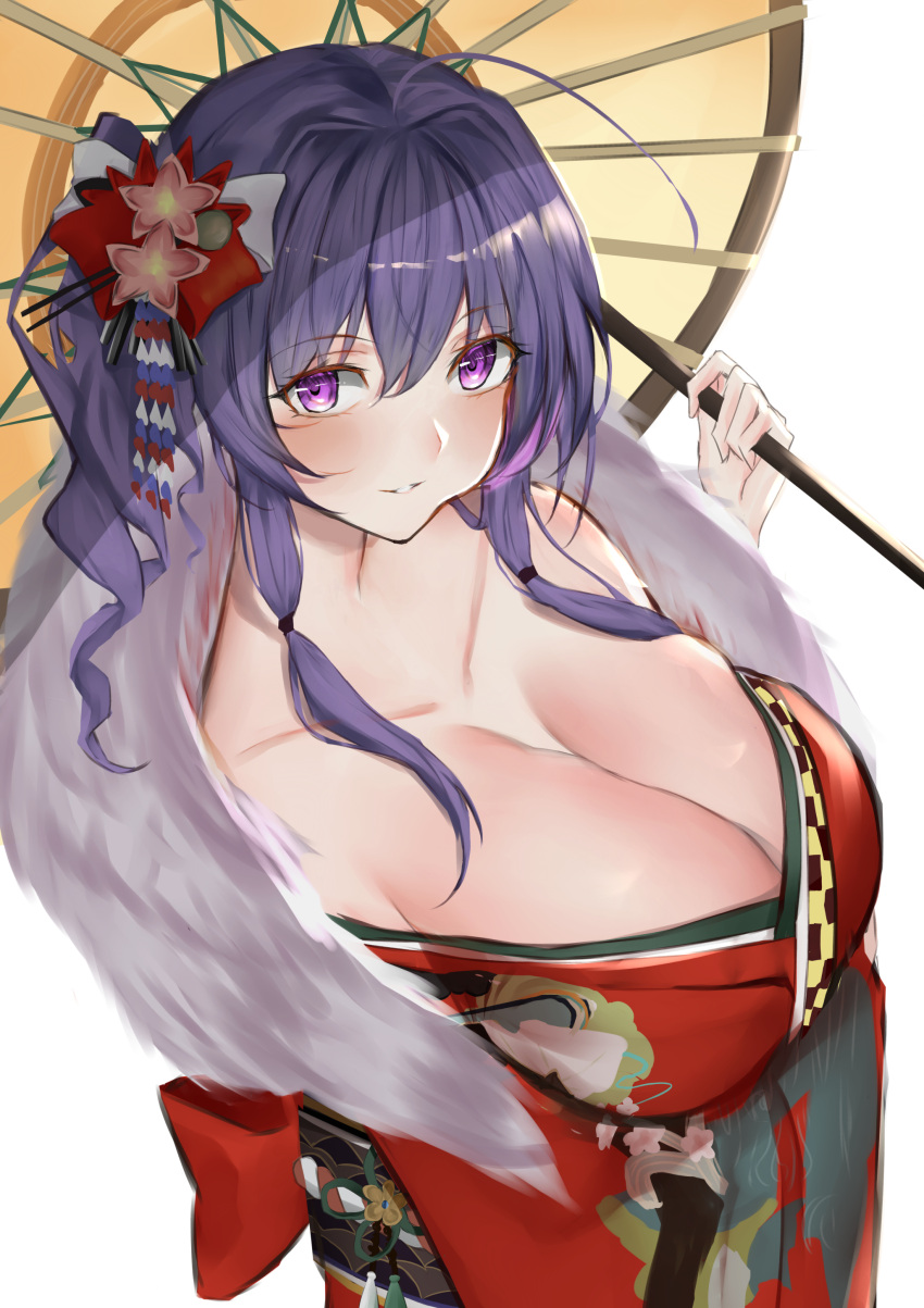 1girl absurdres ahoge alternate_costume azur_lane bangs blue_hair blush breasts cleavage commentary_request eyebrows_visible_through_hair flower fur_collar hair_between_eyes hair_flower hair_ornament highres holding holding_umbrella japanese_clothes kimono large_breasts ljpwow long_hair long_sleeves looking_at_viewer obi oriental_umbrella parted_lips red_flower red_kimono sash sidelocks simple_background solo st._louis_(azur_lane) umbrella violet_eyes white_background wide_sleeves